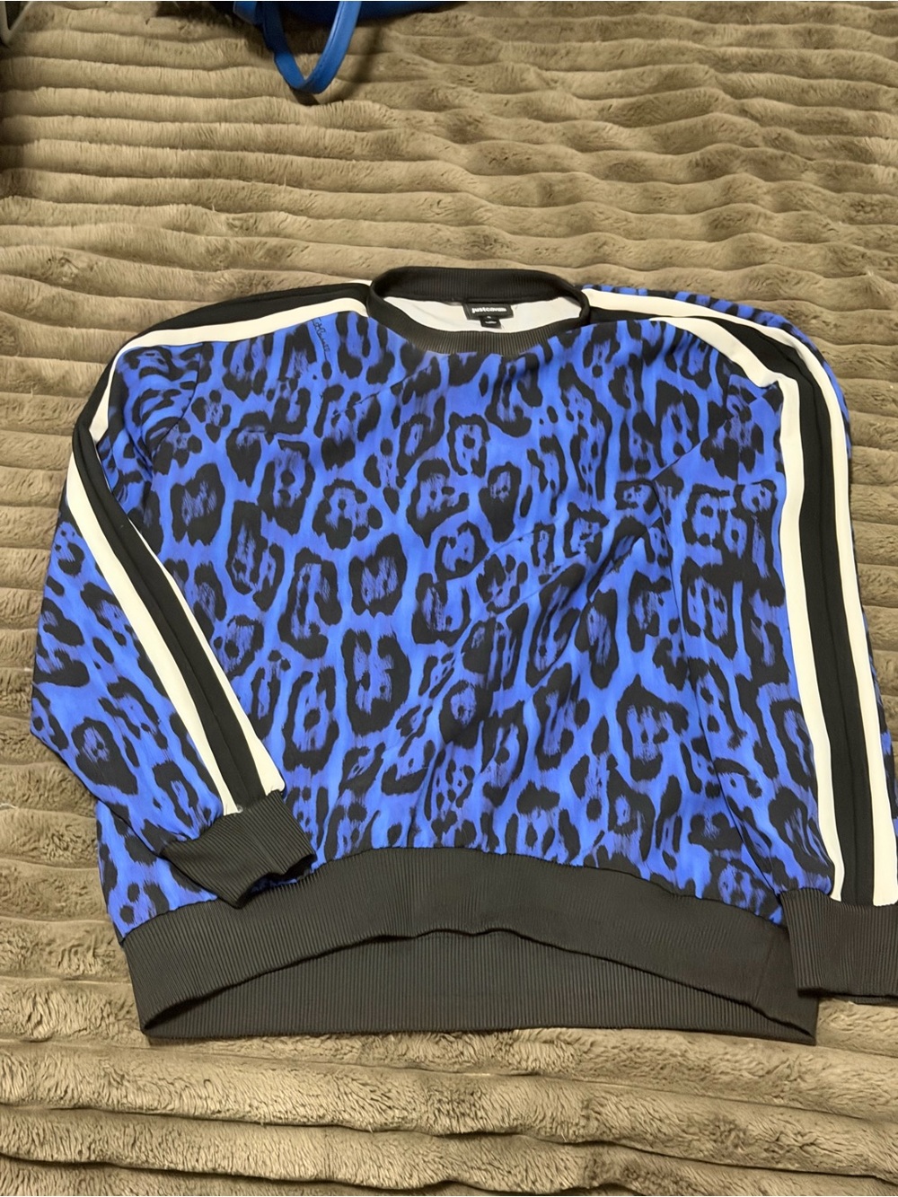 Men's Blue Leopard-Print Crewneck Sweater with Contrast Stripes